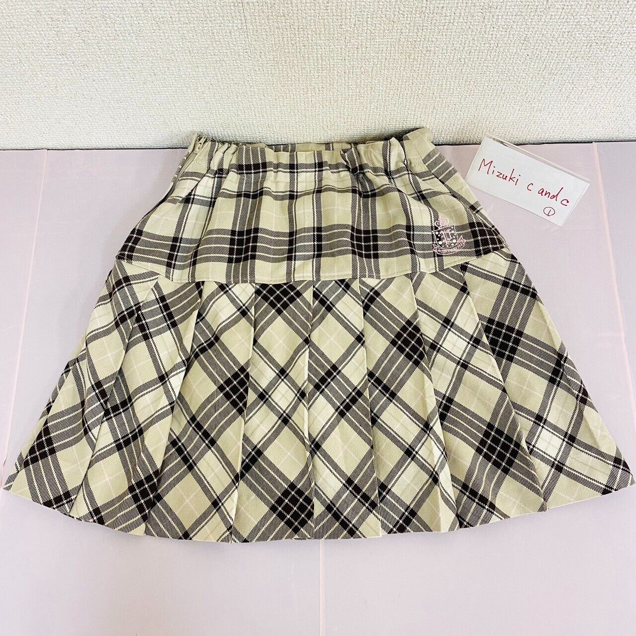 Pom Ponette Kids Skirt 150cm Girls Clothing Plaid Button Pleats Cream Black Rare