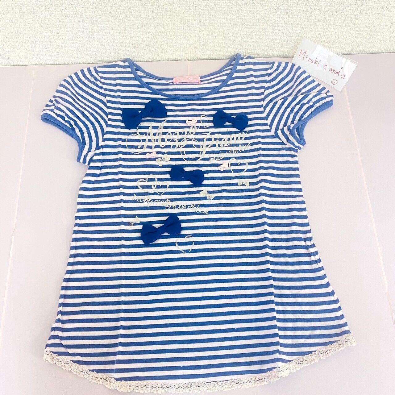 Mezzo Piano T-shirt 160 Size Blue Border Ribbon Lace Heart Short Sleeve Kawaii