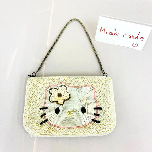 Sanrio Hello Kitty Beads Pouch Coin Purse White Chain lining Blue Kawaii Rare