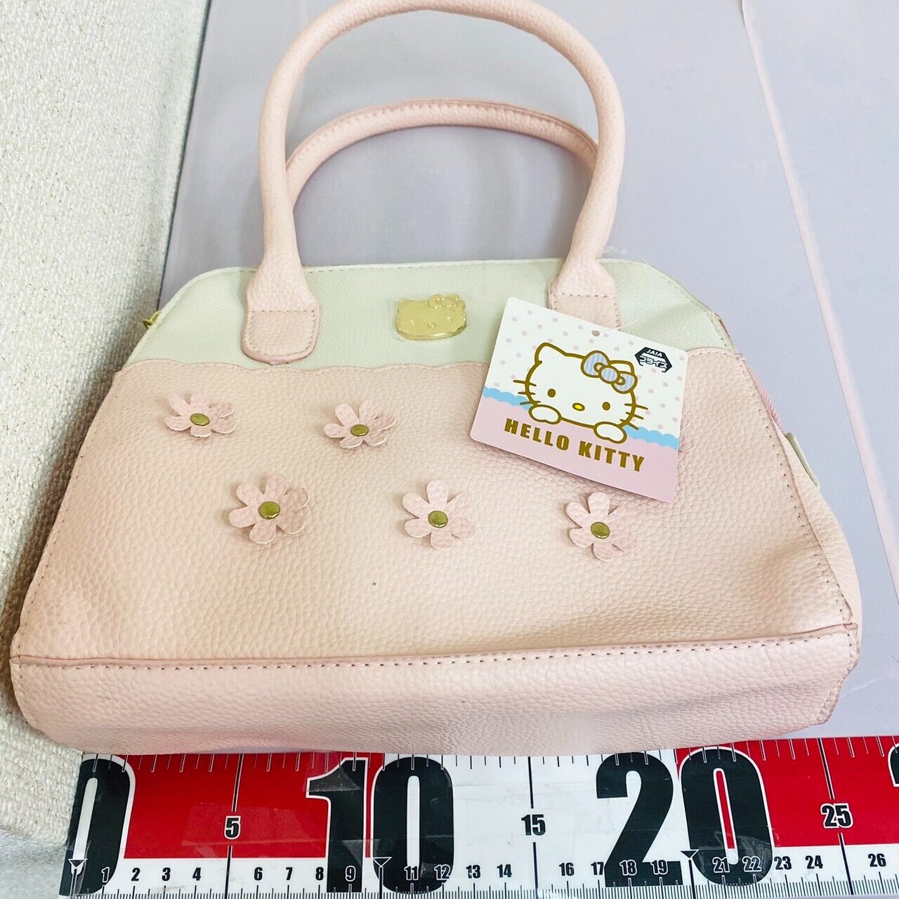 Sanrio Hello Kitty Bag Handbag Flower Motif Pale Pink Gold Zipper Faux Leather