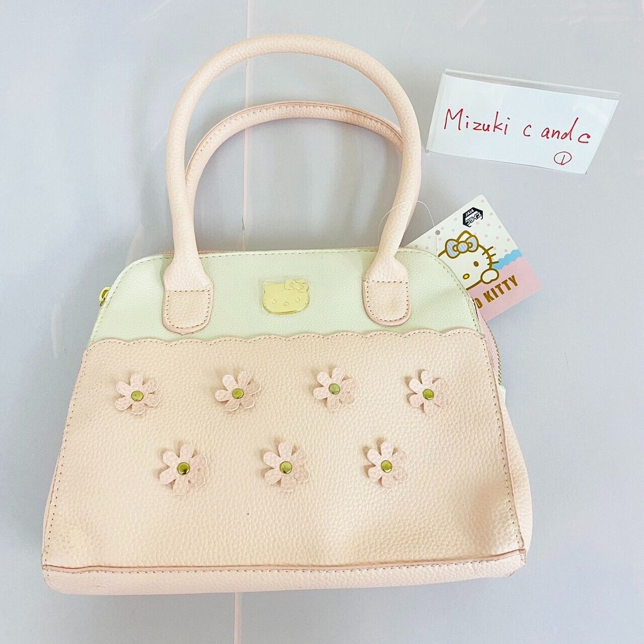 Sanrio Hello Kitty Bag Handbag Flower Motif Pale Pink Gold Zipper Faux Leather