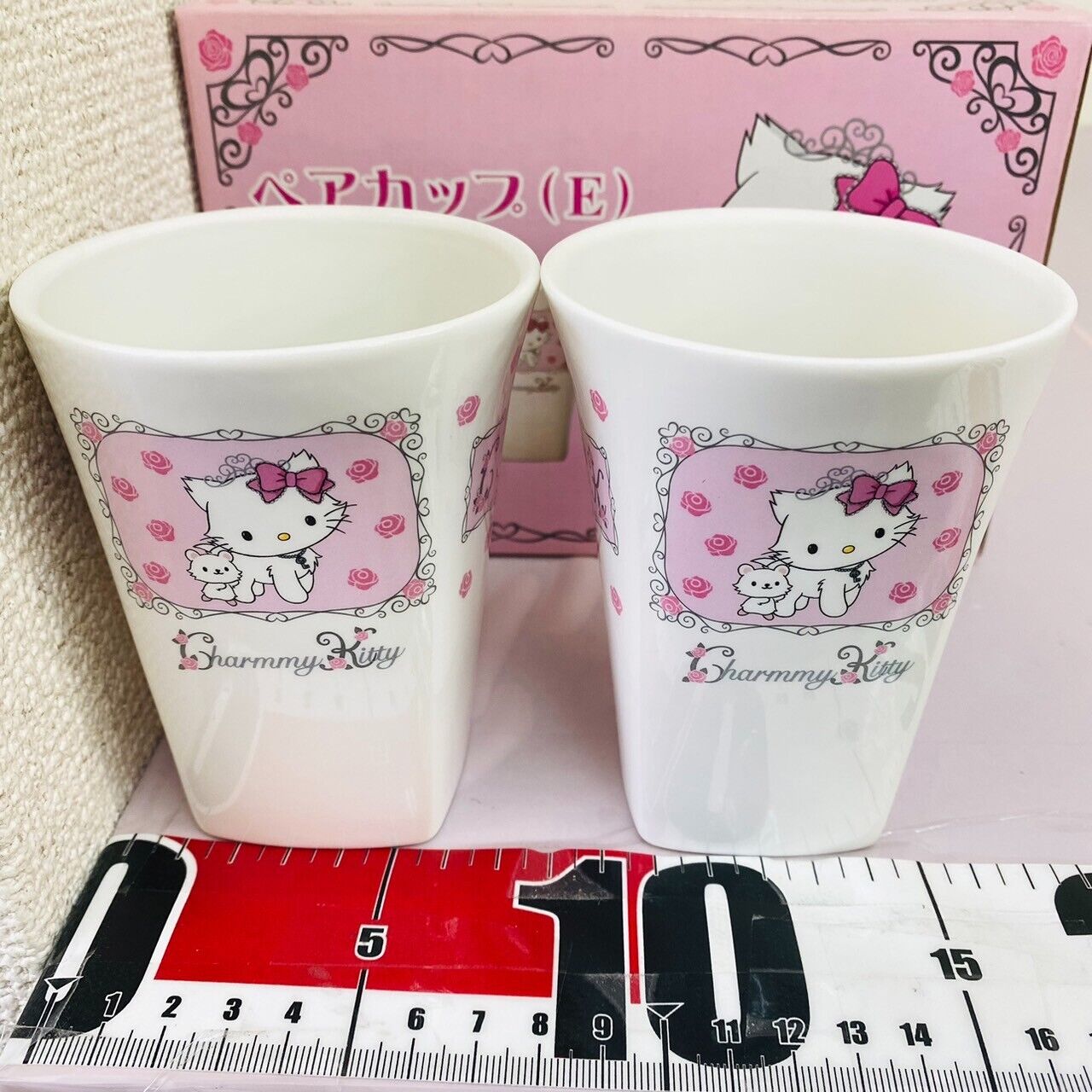 Sanrio Charmmy Charmy Kitty Pair Cup Mug White Cat Pink Flower Ceramic Rose Rare