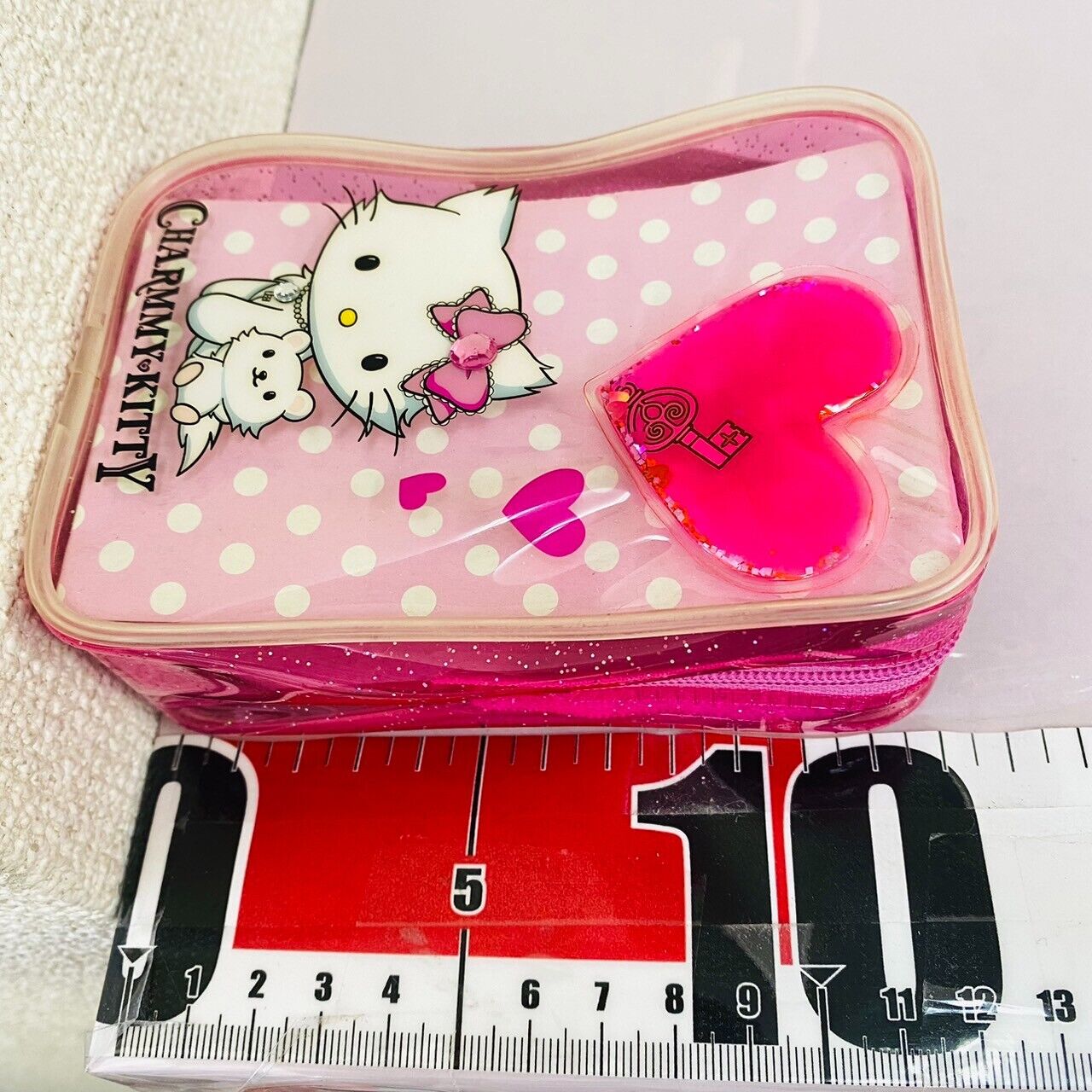 Sanrio Charmmy Charmy Kitty Pouch Pink Vinyl Heart Dot White Cat Cosme Lip Rare