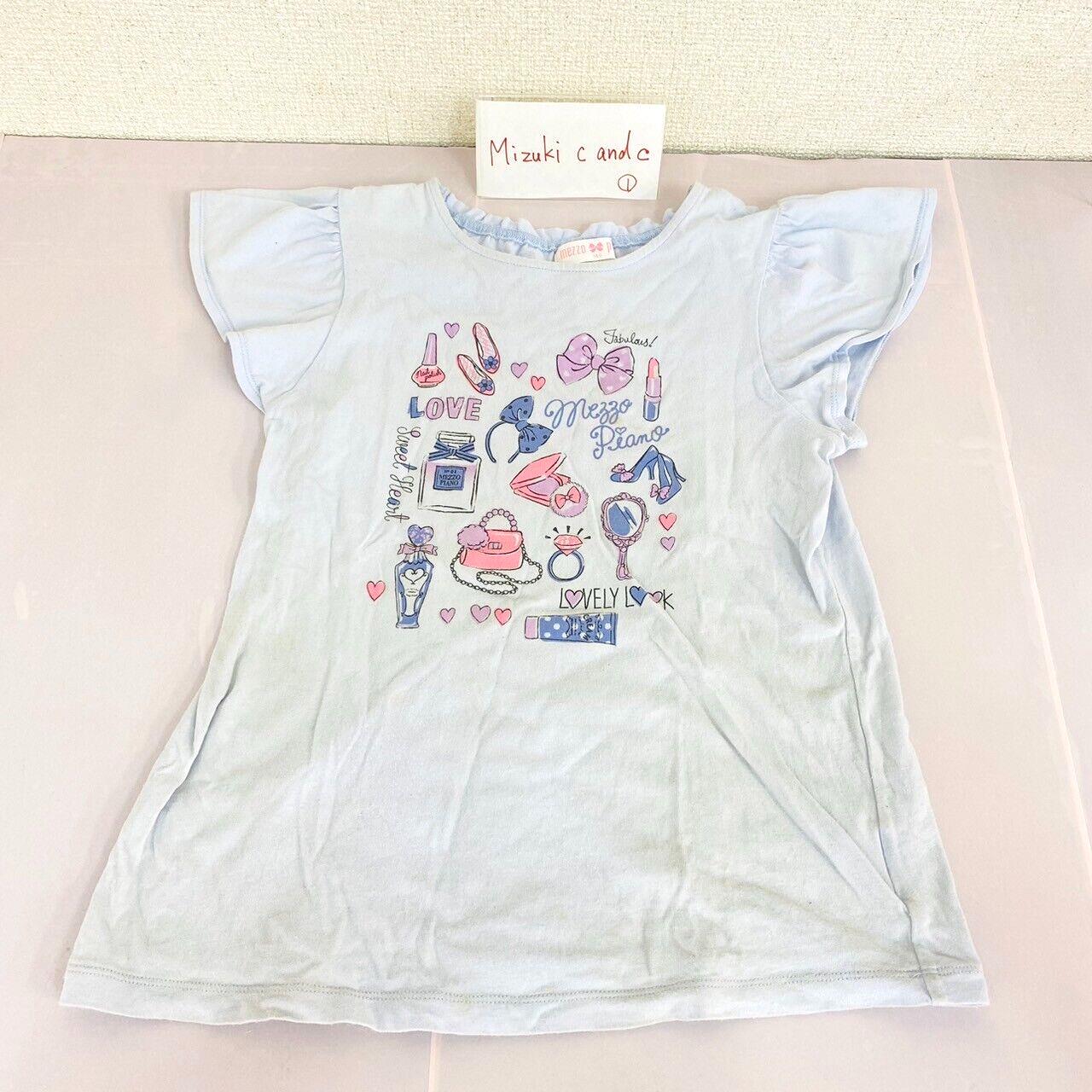 Mezzo Piano Kids T-shirt 140cm Blue Short Sleeve Cosmetics Bag Mirror Ribbon