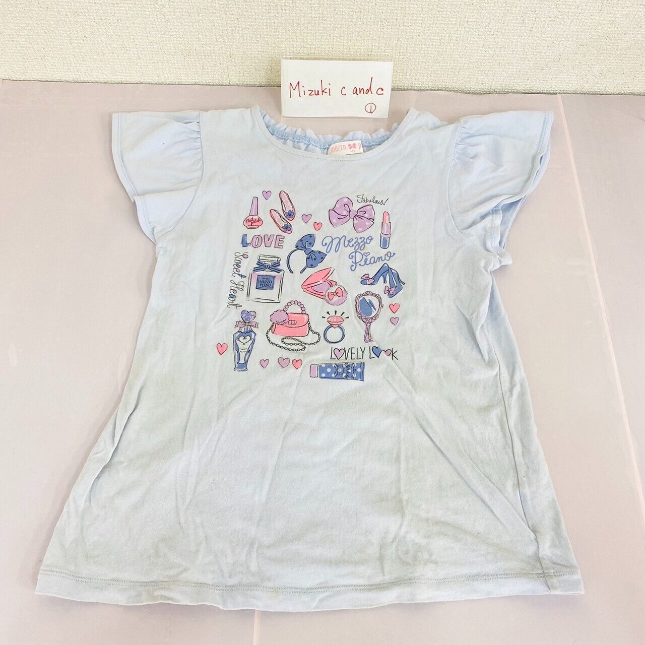 Mezzo Piano Kids T-shirt 140cm Blue Short Sleeve Cosmetics Bag Mirror Ribbon