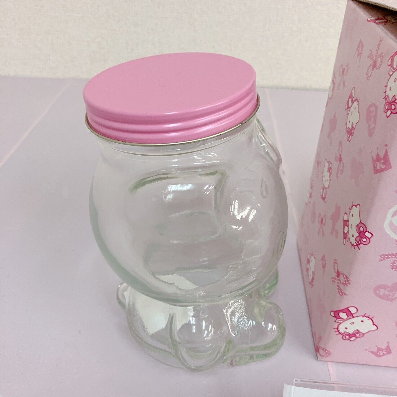 Sanrio Hello Kitty Candy Pot Canister Case Box Bottle Cat Pink Soda Glass Rare