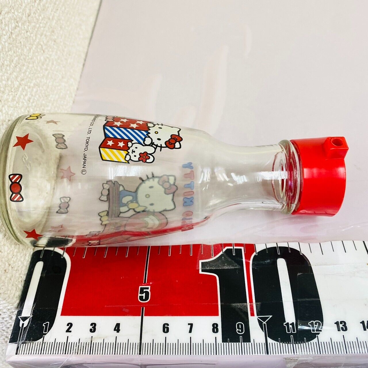 Sanrio Hello Kitty Soy Sauce Bottle Holder Red Cat Glass Weight Scale Candy Rare