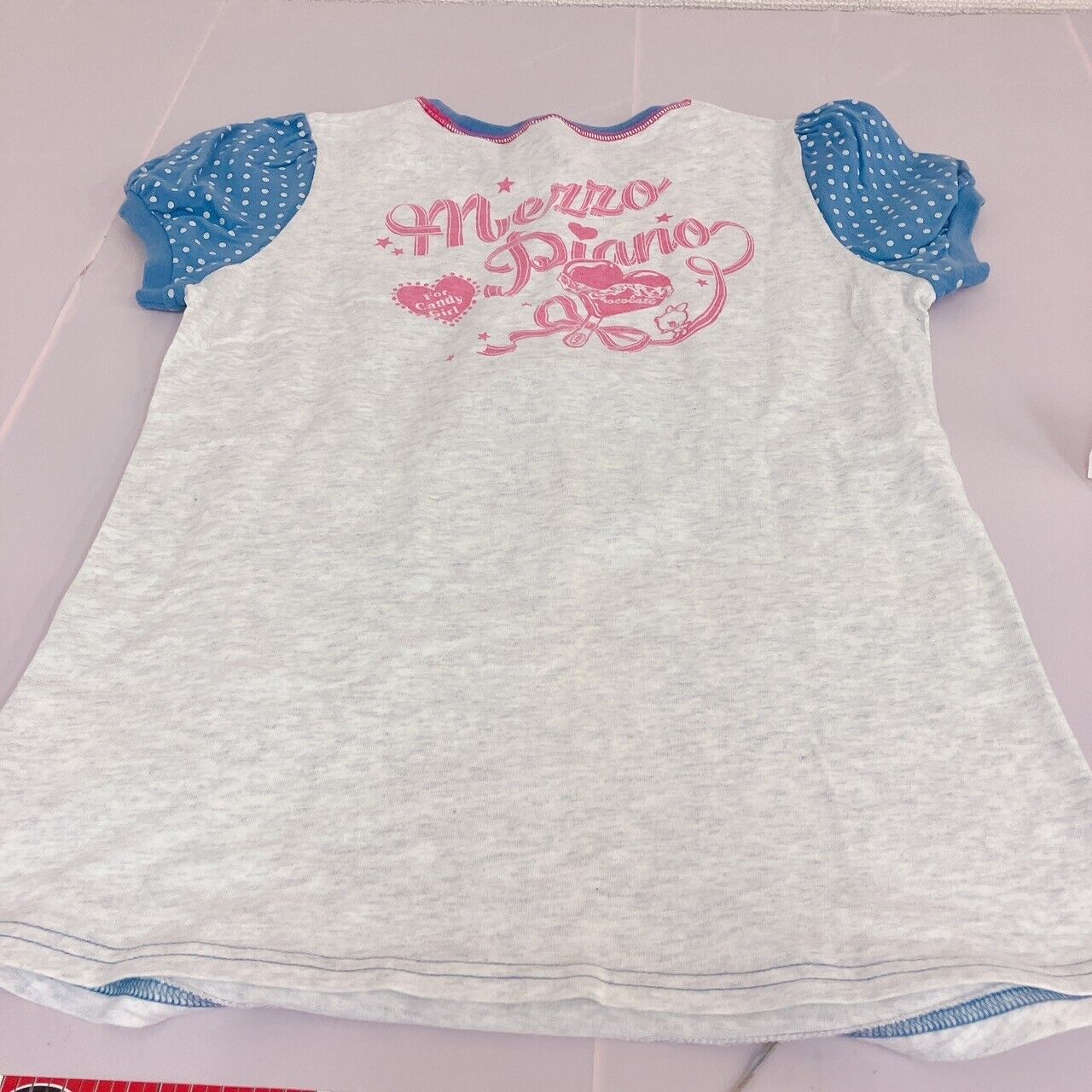 Mezzo Piano T-shirt Tops 160cm L Heart Chocolate White Ribbon Blue Dot Lovely