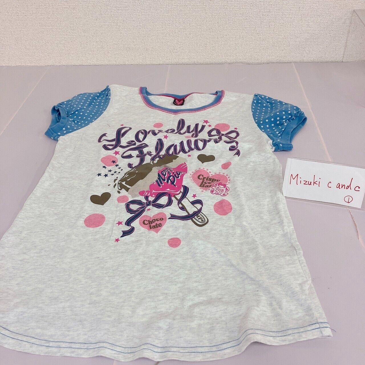 Mezzo Piano T-shirt Tops 160cm L Heart Chocolate White Ribbon Blue Dot Lovely