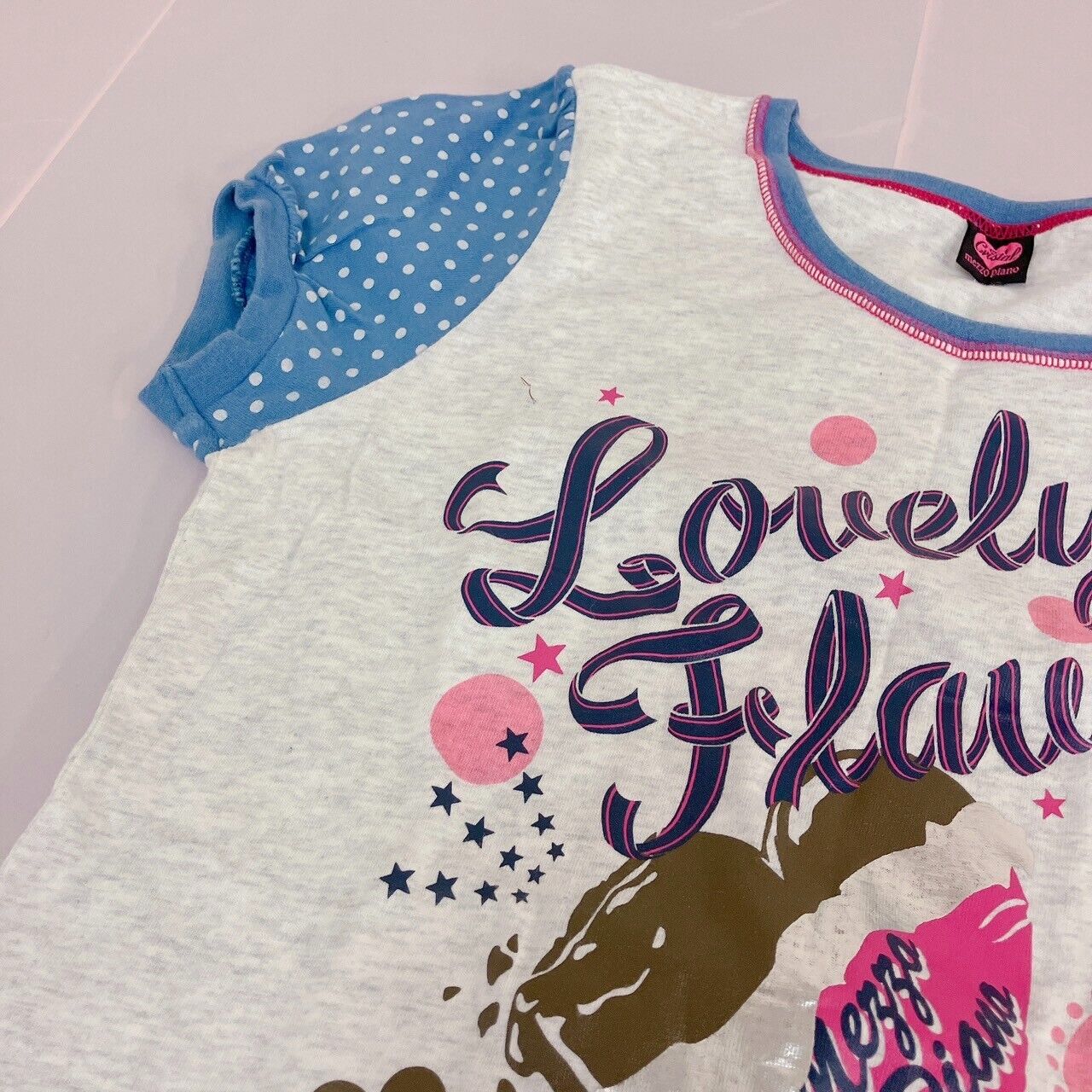 Mezzo Piano T-shirt Tops 160cm L Heart Chocolate White Ribbon Blue Dot Lovely