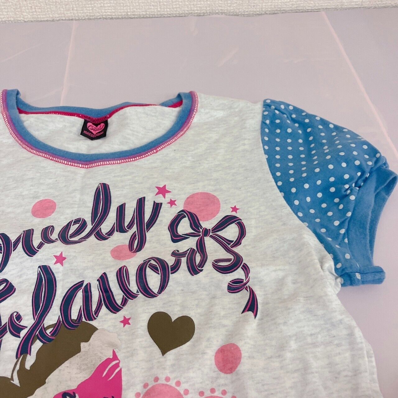 Mezzo Piano T-shirt Tops 160cm L Heart Chocolate White Ribbon Blue Dot Lovely