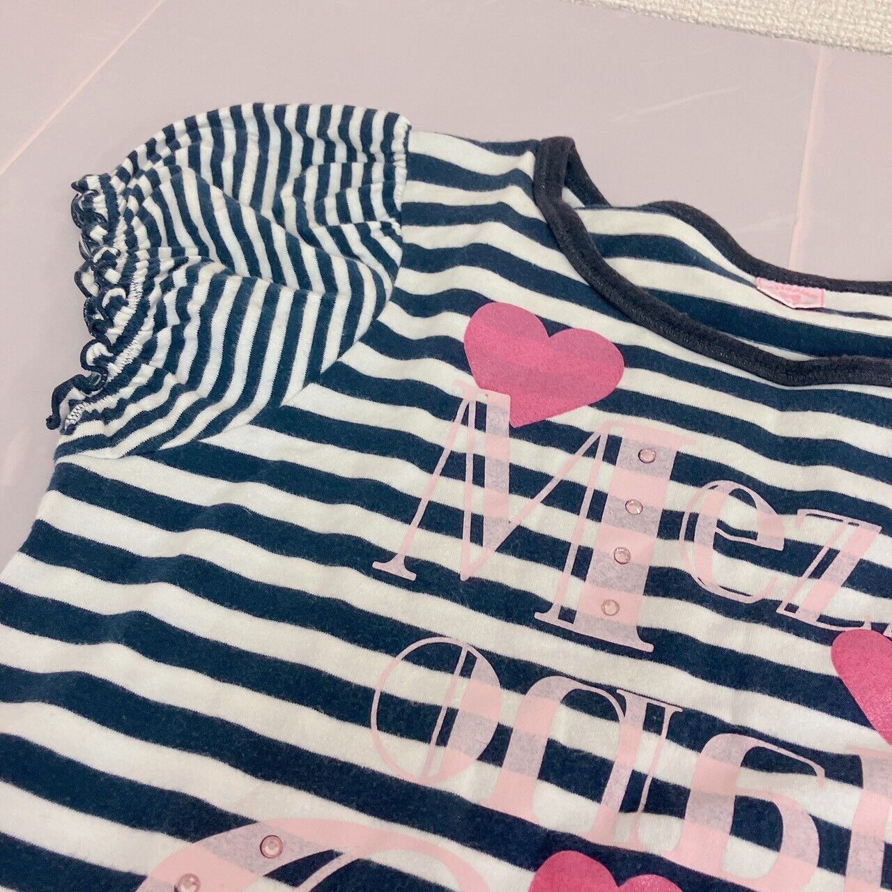 Mezzo Piano Short Sleeve T-shirt 160cm Striped Black White Heart Tops Kawaii