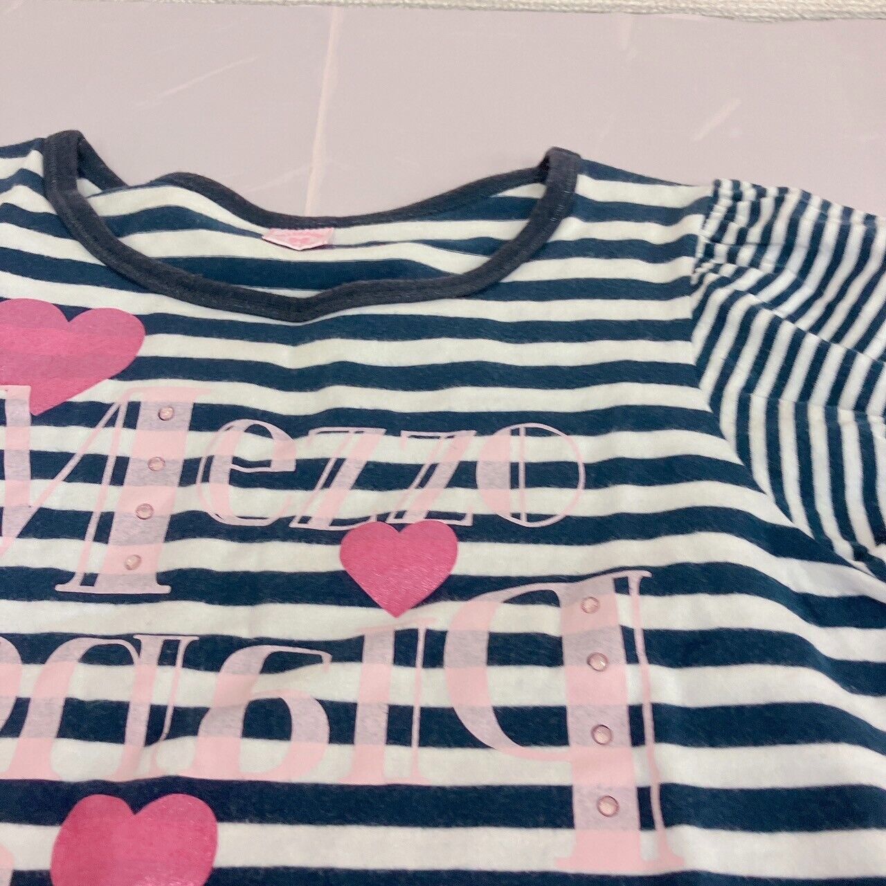 Mezzo Piano Short Sleeve T-shirt 160cm Striped Black White Heart Tops Kawaii