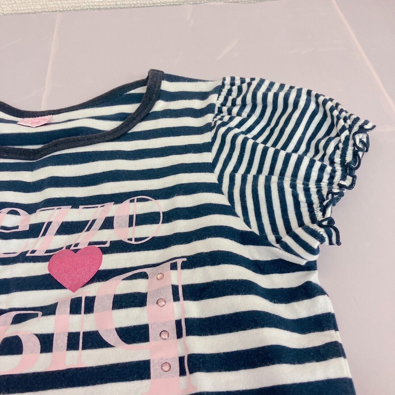 Mezzo Piano Short Sleeve T-shirt 160cm Striped Black White Heart Tops Kawaii