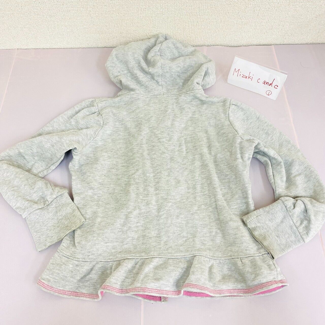 Mezzo Piano Hoodie Size 120cm Long Sleeve Gray Pink Ribbon Hood Simple Clothig