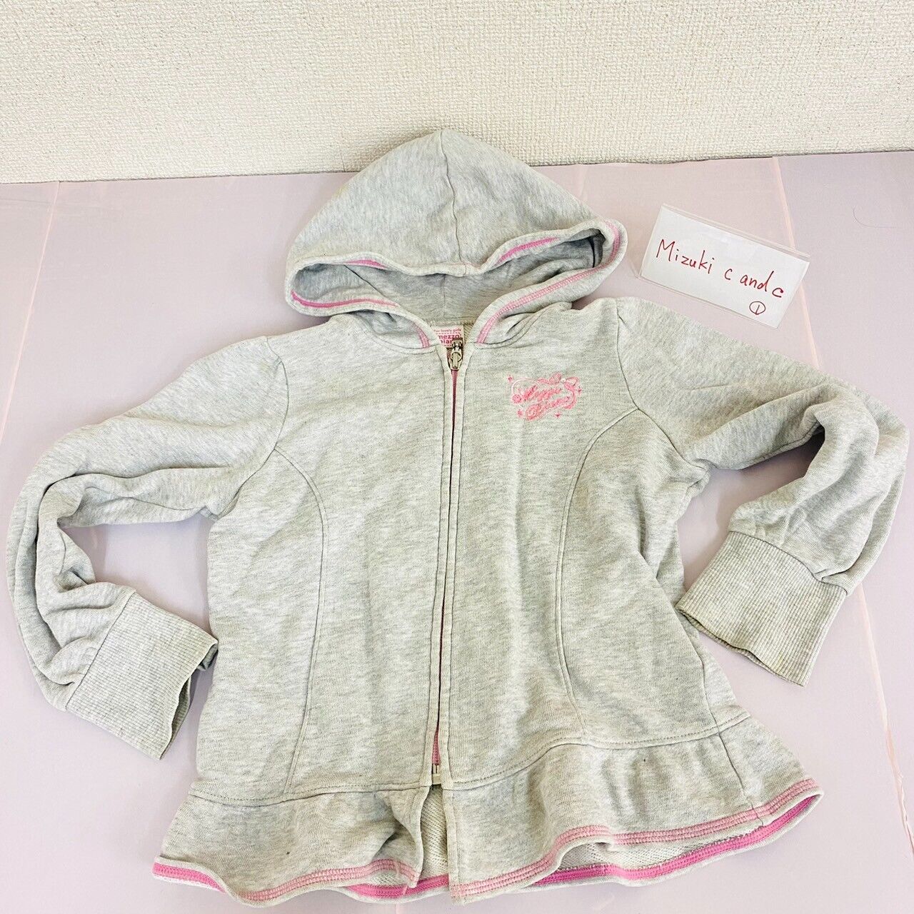 Mezzo Piano Hoodie Size 120cm Long Sleeve Gray Pink Ribbon Hood Simple Clothig