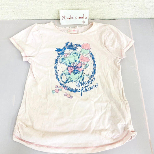 Mezzo Piano T-shirt Tops 140cm Short Sleeve Pale Pink Teddy Bear Blue Ribbon