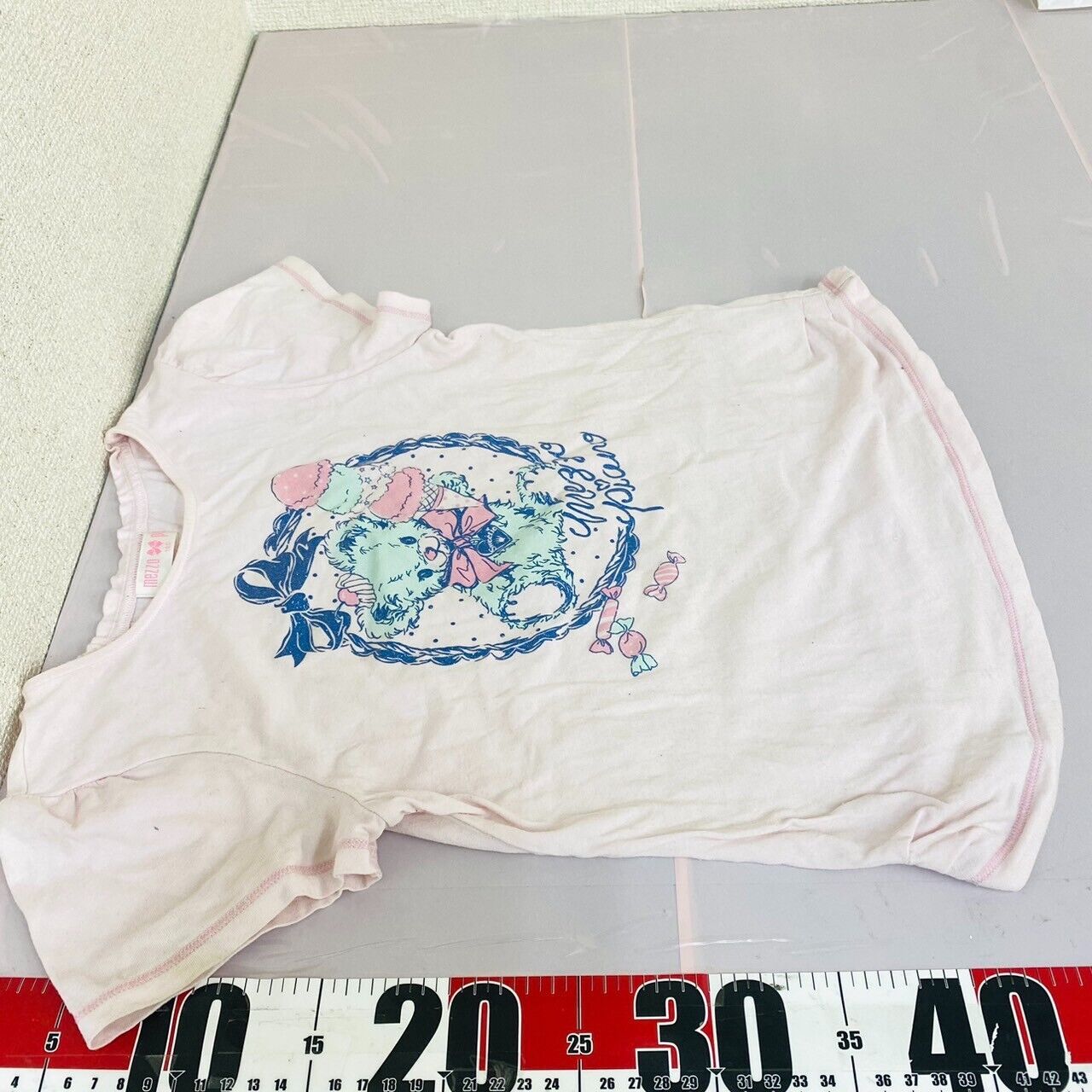 Mezzo Piano T-shirt Tops 140cm Short Sleeve Pale Pink Teddy Bear Blue Ribbon