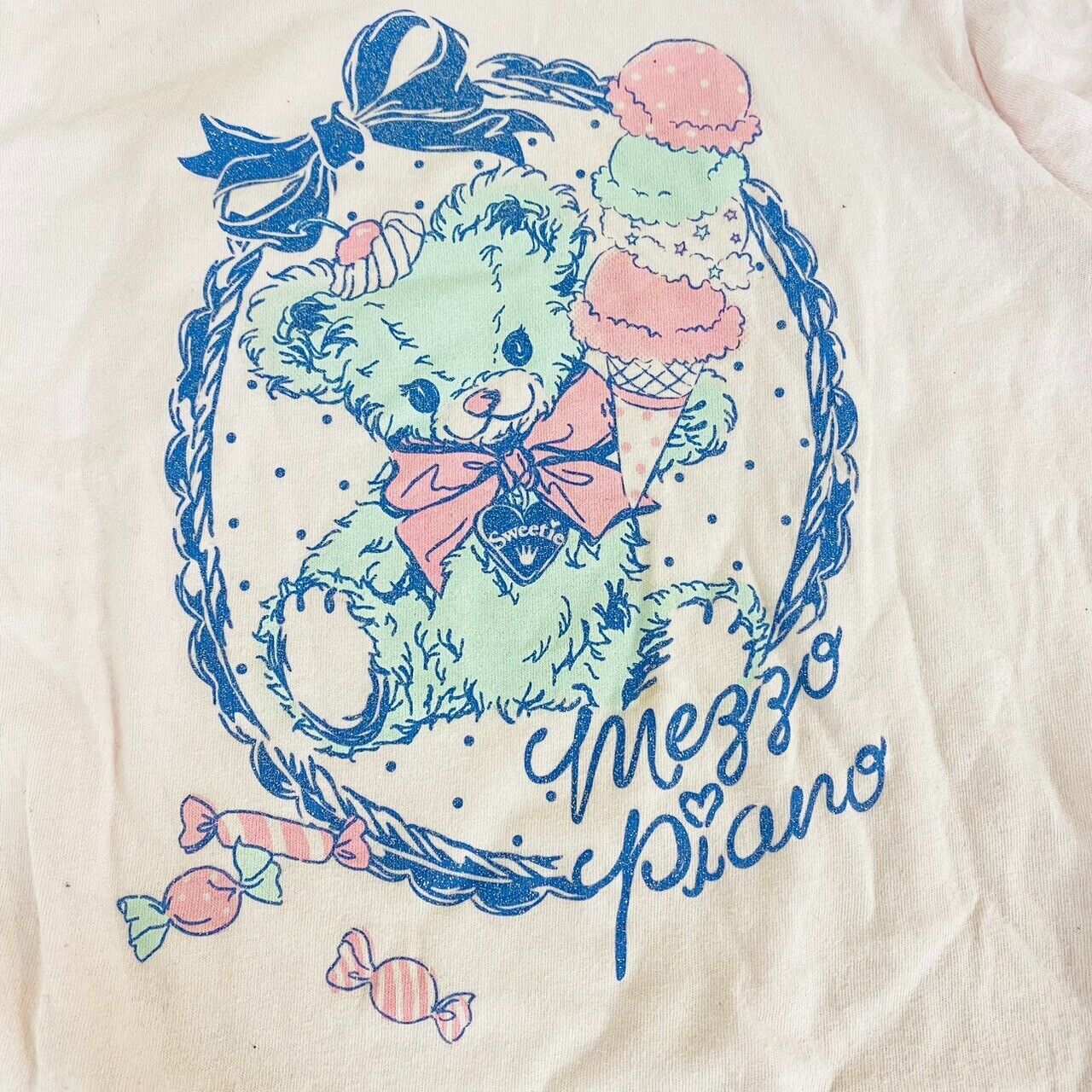 Mezzo Piano T-shirt Tops 140cm Short Sleeve Pale Pink Teddy Bear Blue Ribbon