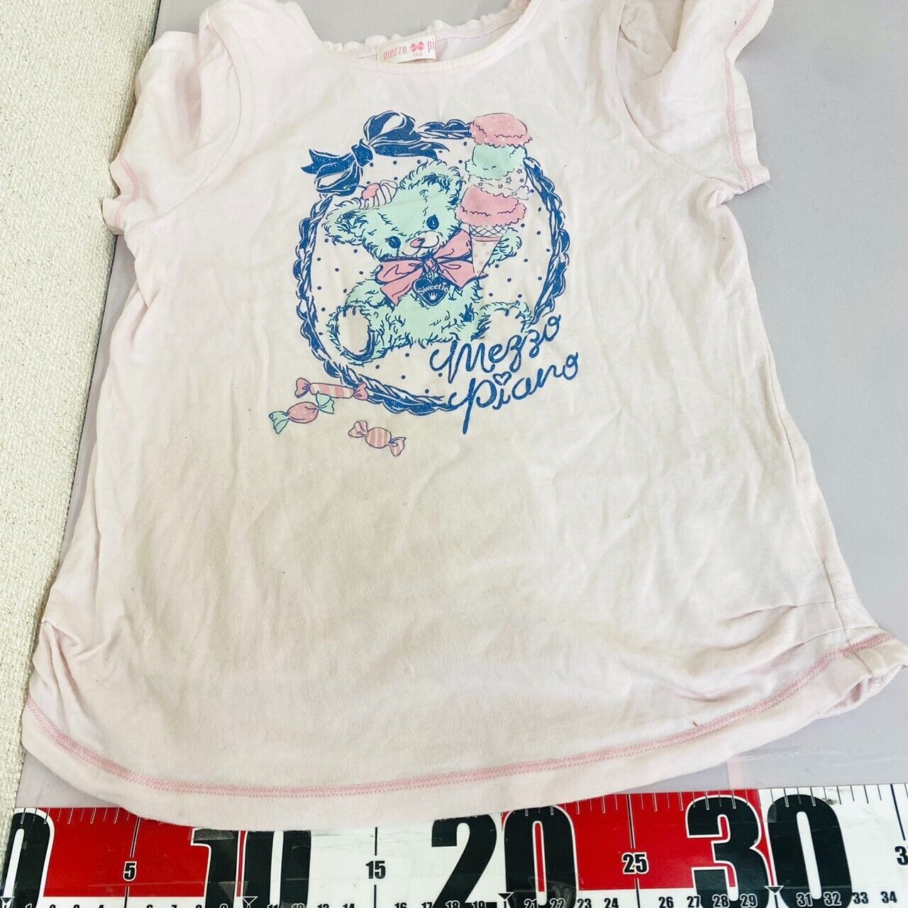 Mezzo Piano T-shirt Tops 140cm Short Sleeve Pale Pink Teddy Bear Blue Ribbon