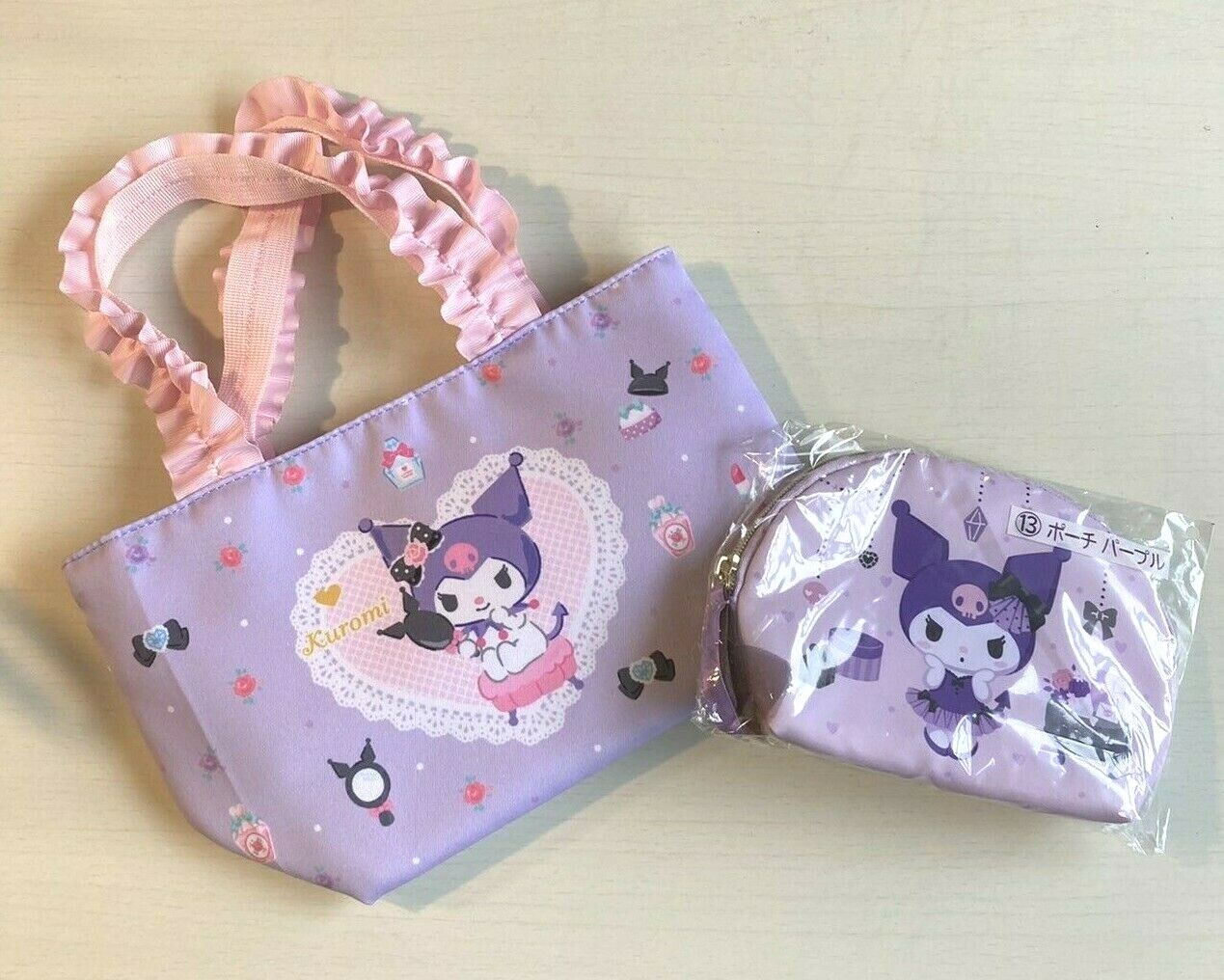 Sanrio Kuromi Tote Bag & Pouch Set Purple Pink frill Anime Character Manga Japan