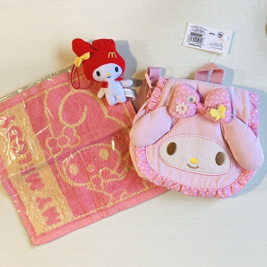 Sanrio My Melody Backpack Rucksack Bag Towel Handkerchief Keyring Soft Toy 3 Set