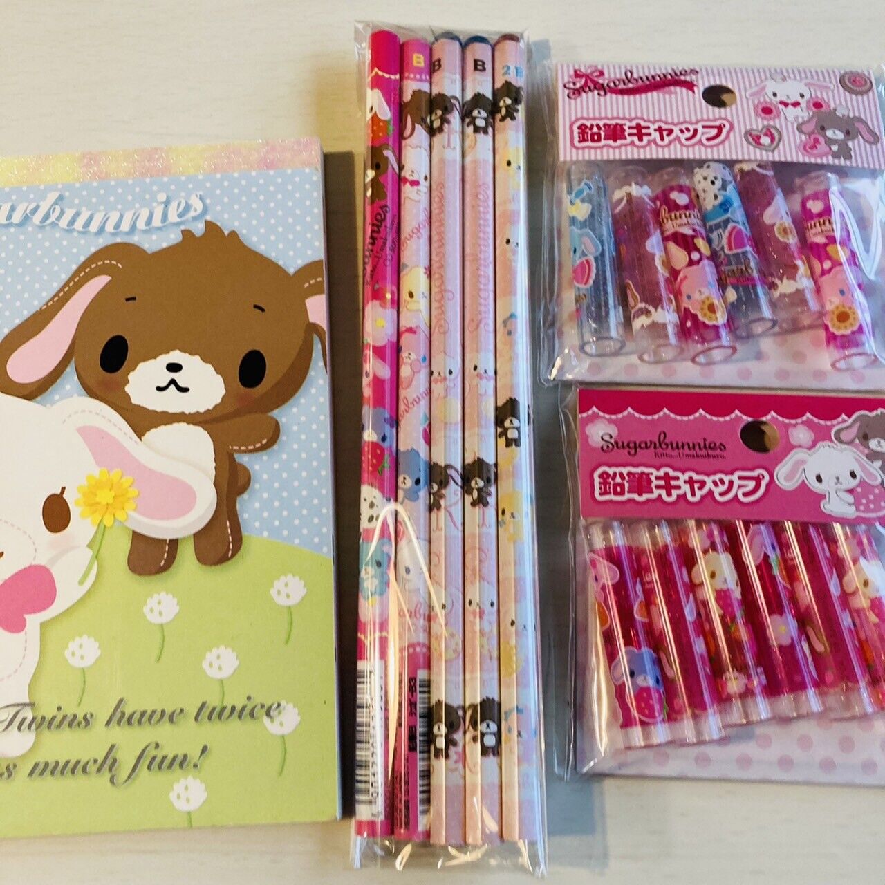 Sanrio Sugar Bunnies Memo Pad Notepad Pencils Pencil Cap Lid Set Stationery Rare