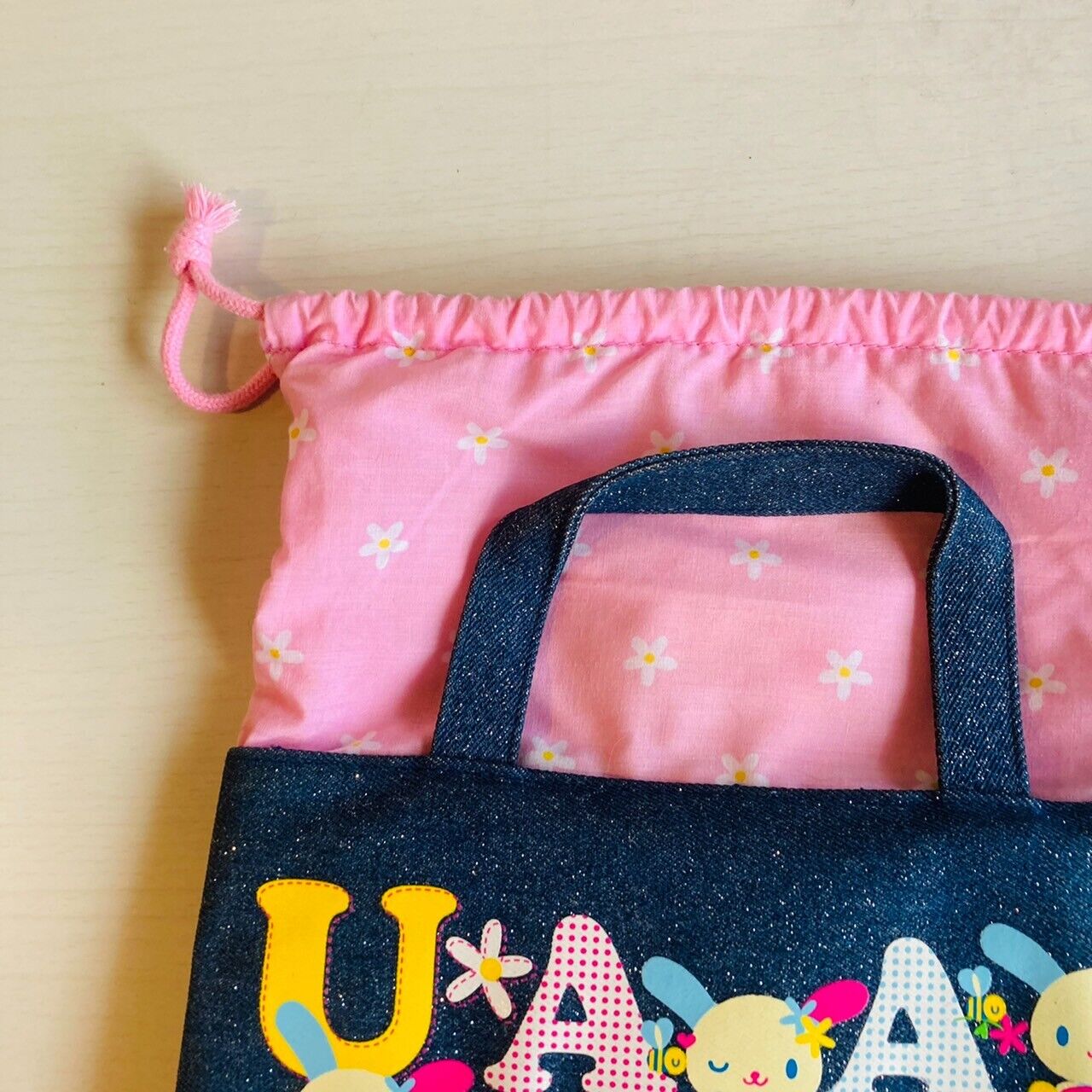 Sanrio Usahana Purse Handbag Tote Drawstring Bag Denim Pink Rabbit Kawaii Rare