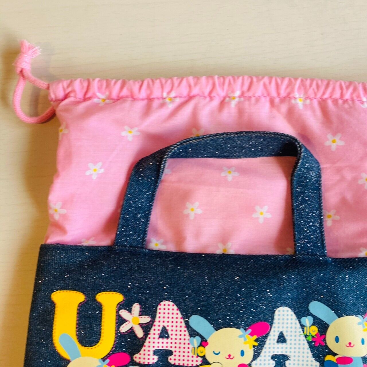 Sanrio Usahana Purse Handbag Tote Drawstring Bag Denim Pink Rabbit Kawaii Rare