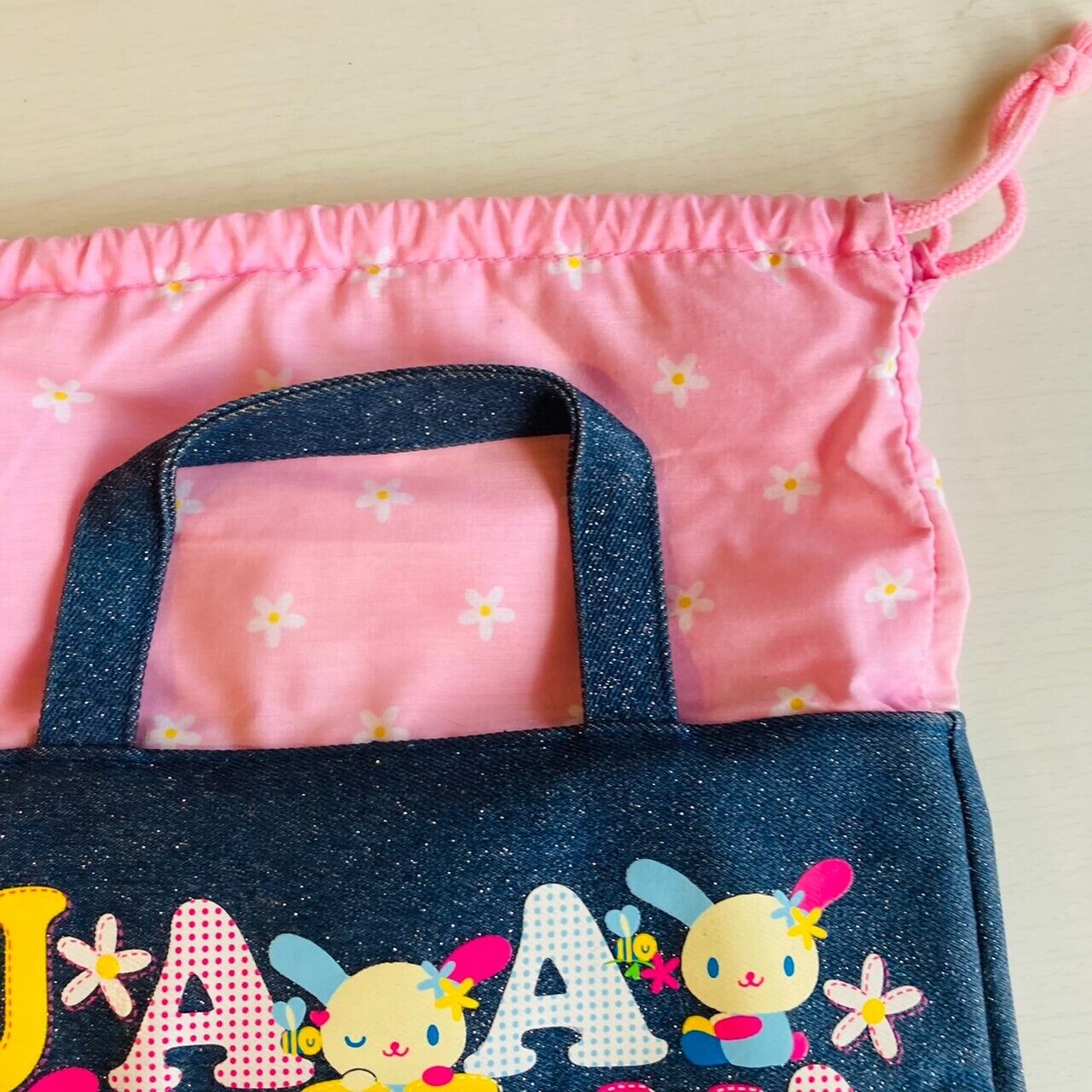 Sanrio Usahana Purse Handbag Tote Drawstring Bag Denim Pink Rabbit Kawaii Rare