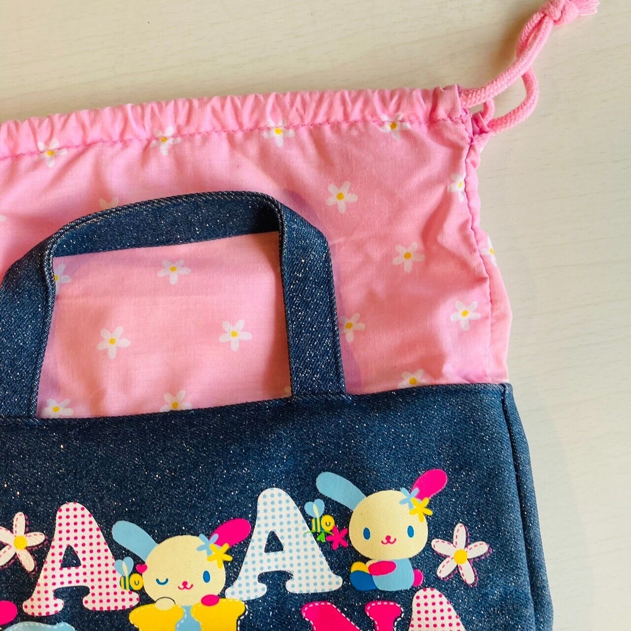 Sanrio Usahana Purse Handbag Tote Drawstring Bag Denim Pink Rabbit Kawaii Rare