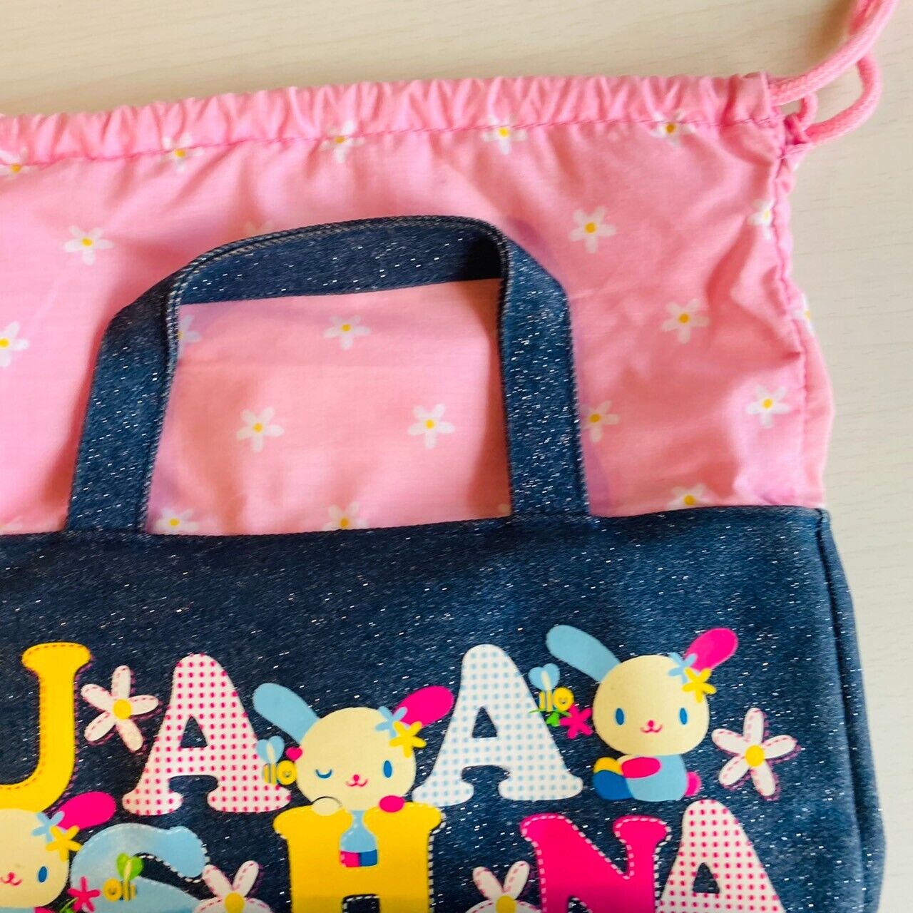 Sanrio Usahana Purse Handbag Tote Drawstring Bag Denim Pink Rabbit Kawaii Rare