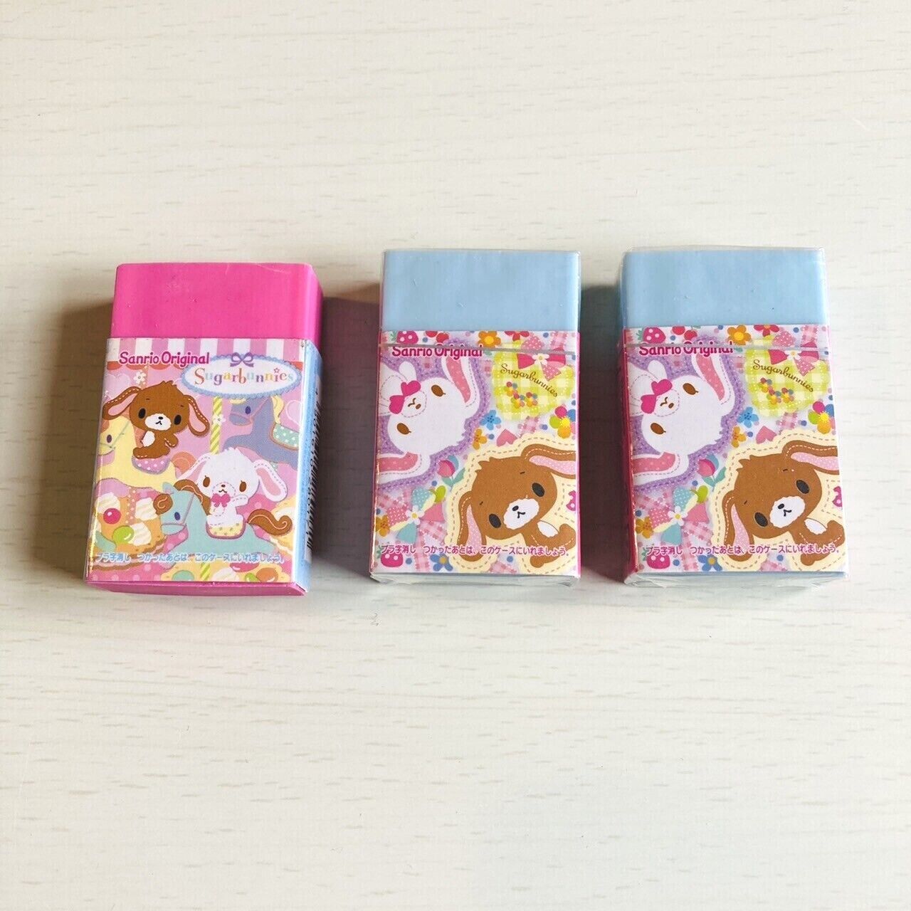 Sanrio Sugar Bunnies Eraser Rubber Stationery Pink Blue 3 Set Character Kawaii