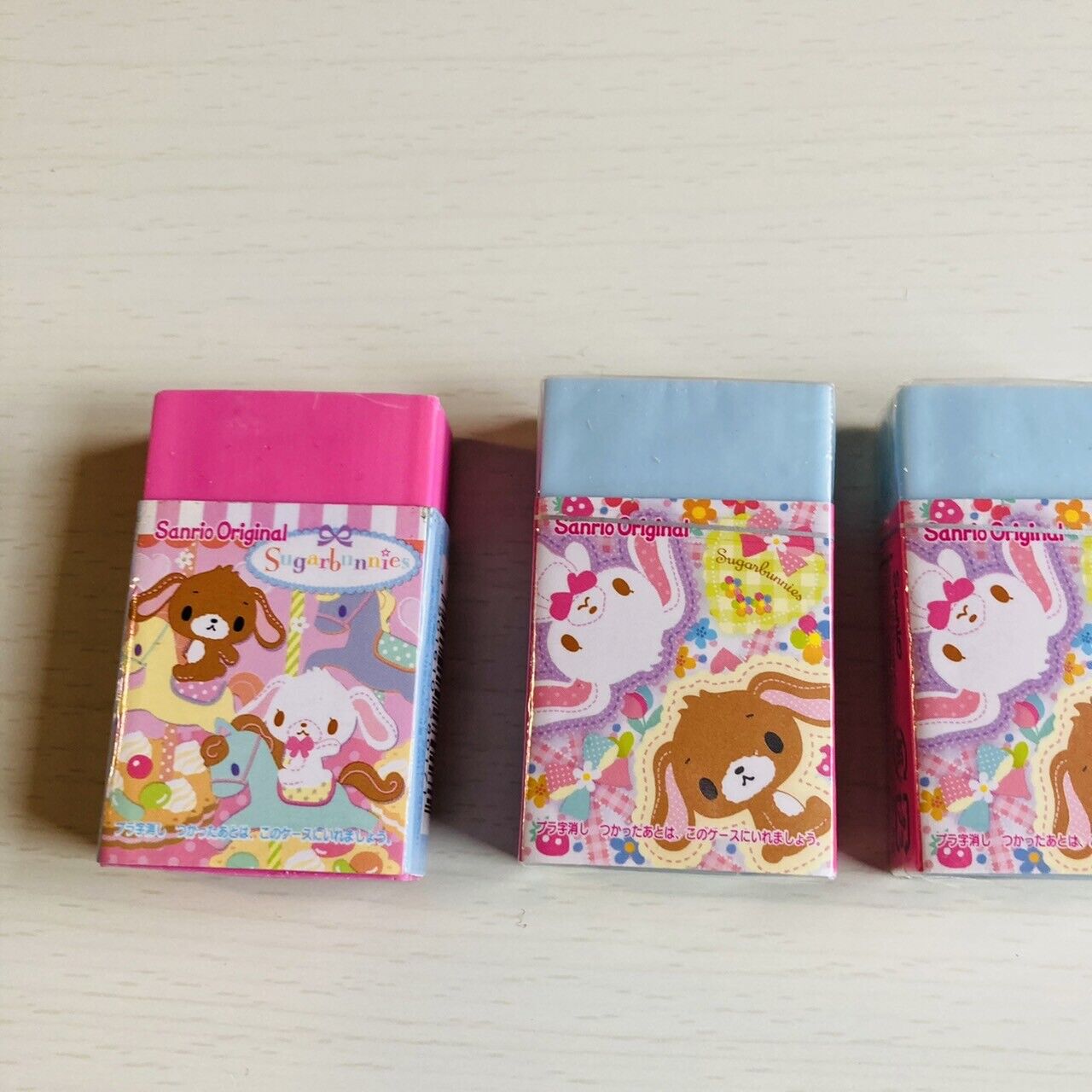 Sanrio Sugar Bunnies Eraser Rubber Stationery Pink Blue 3 Set Character Kawaii