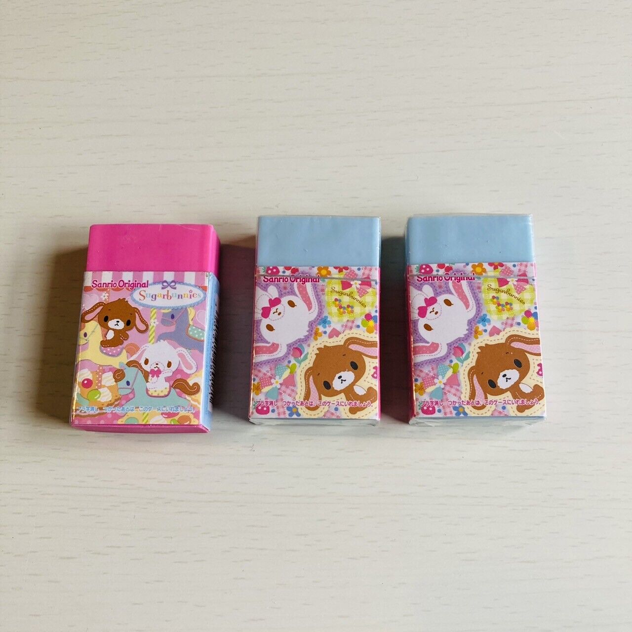 Sanrio Sugar Bunnies Eraser Rubber Stationery Pink Blue 3 Set Character Kawaii