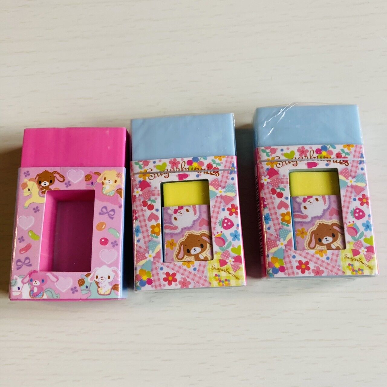 Sanrio Sugar Bunnies Eraser Rubber Stationery Pink Blue 3 Set Character Kawaii