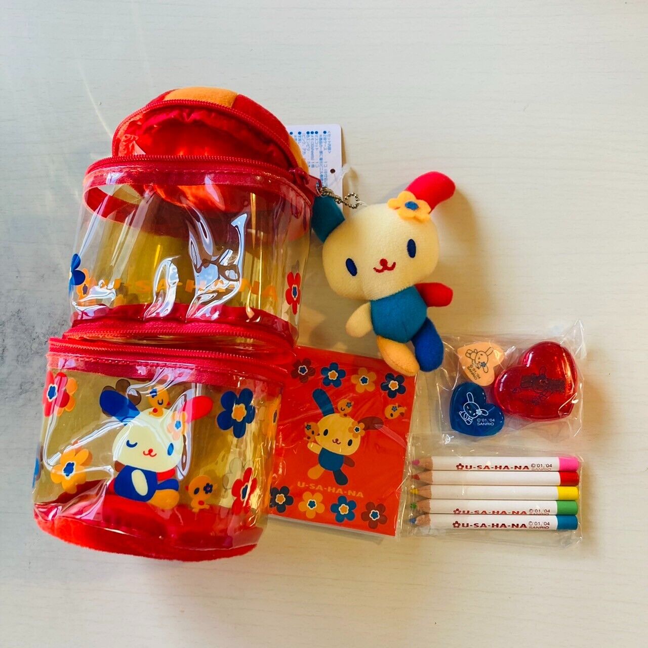 Sanrio Usahana Mascot Plush Soft Toy Stationery Set Pencils Sharpener Clip Case