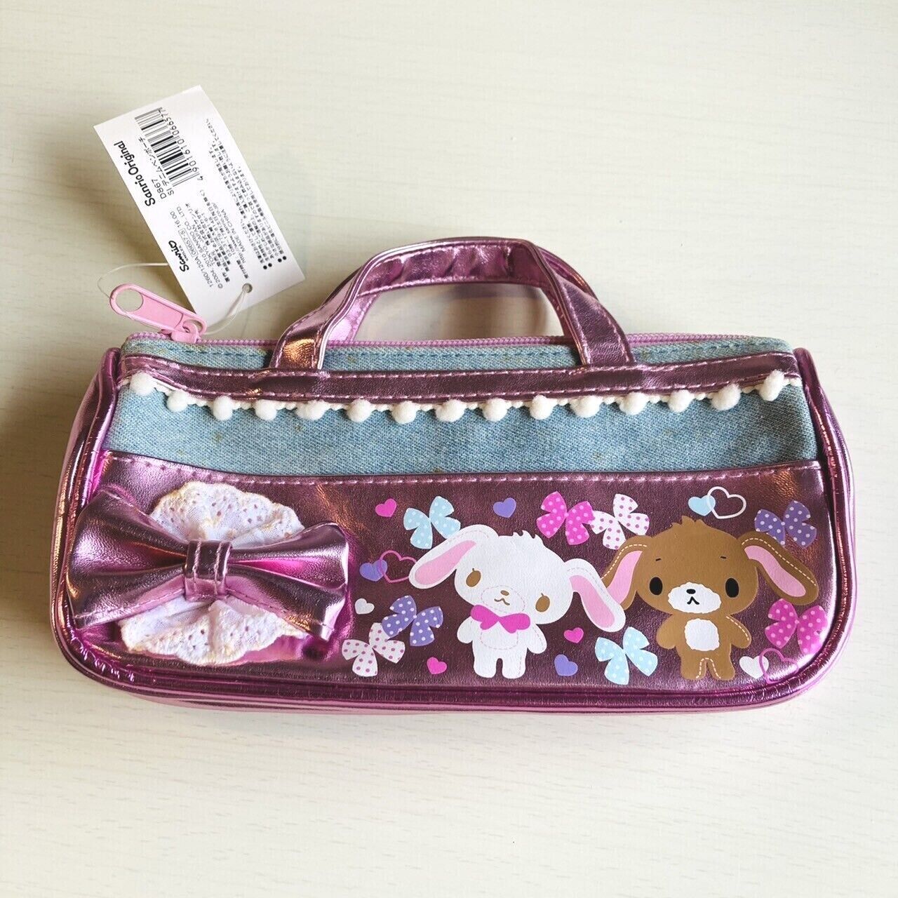 Sanrio Sugar Bunnies Pencil Case Stationery Pouch Makeup Bag Denim Ribbon Pink