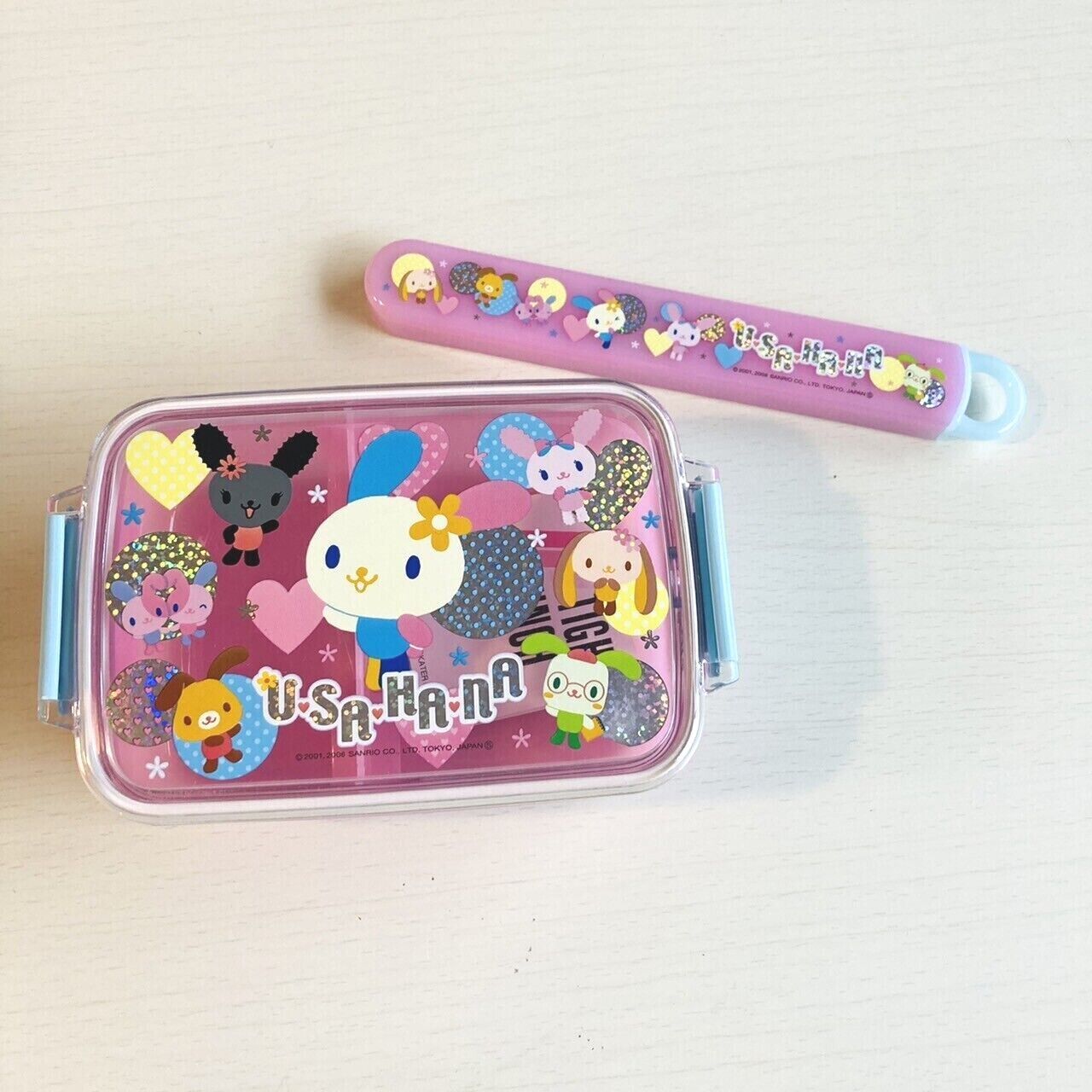 Sanrio Usahana Lunch Box Bento Obento Chopsticks Set Rabbit Character Pink Rare