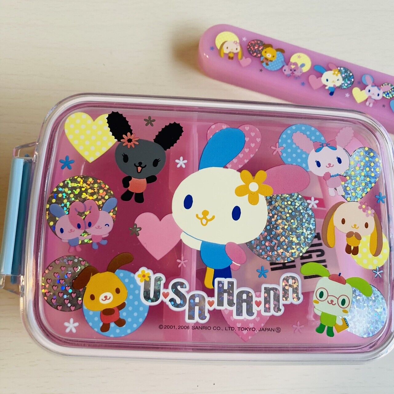 Sanrio Usahana Lunch Box Bento Obento Chopsticks Set Rabbit Character Pink Rare