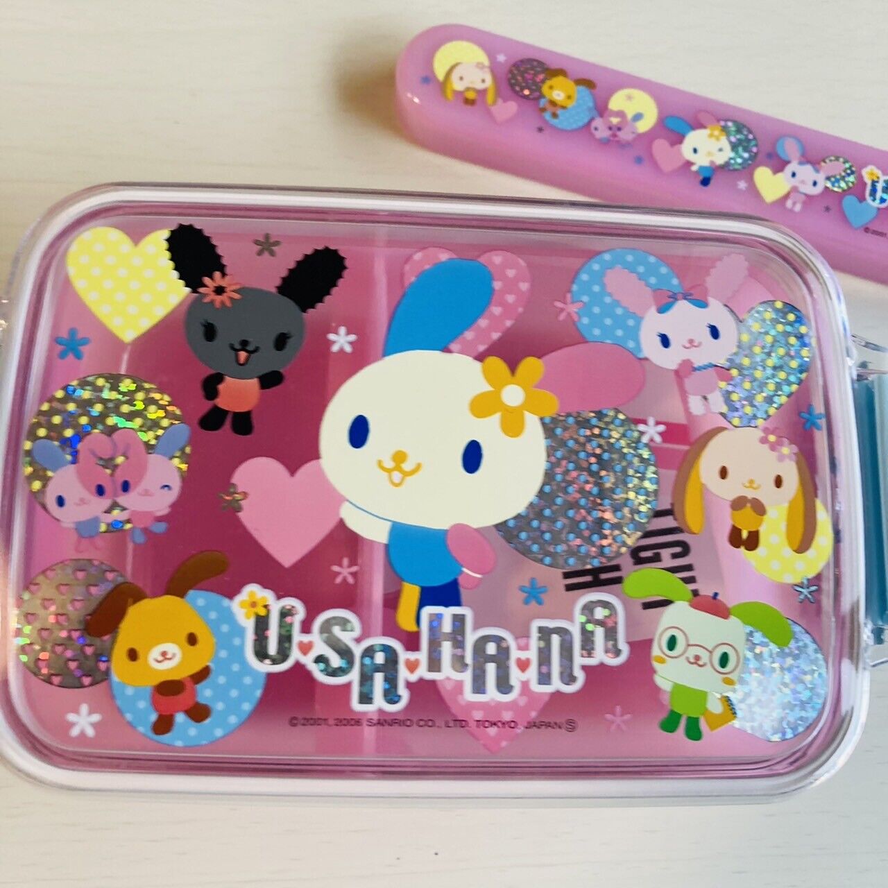 Sanrio Usahana Lunch Box Bento Obento Chopsticks Set Rabbit Character Pink Rare