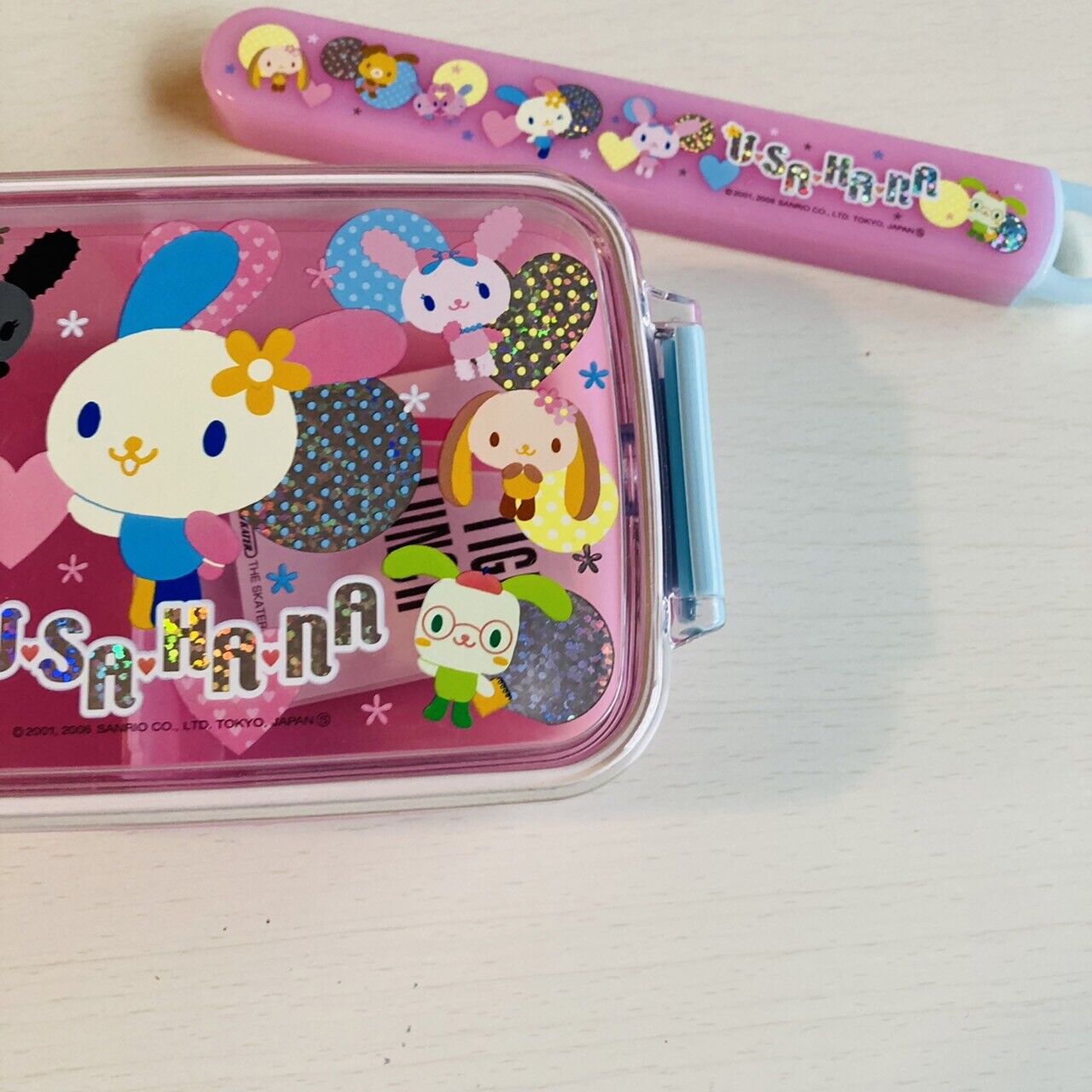 Sanrio Usahana Lunch Box Bento Obento Chopsticks Set Rabbit Character Pink Rare