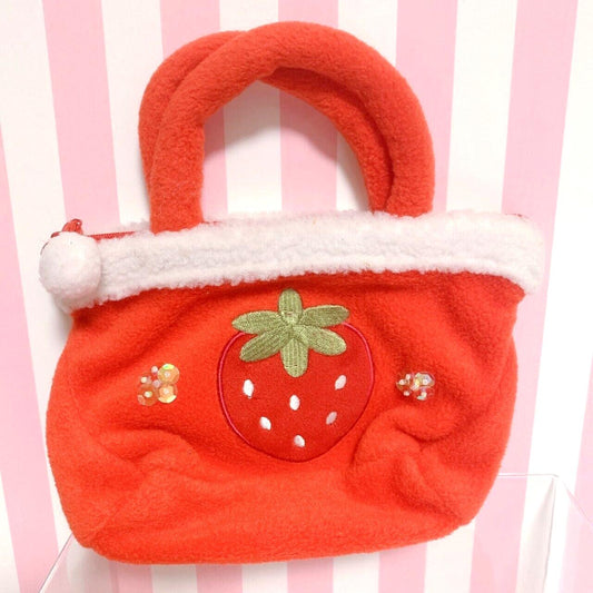 Strawberry Fluffy Mini Tote Bag Purse Handbag Red Kawaii Warm Winter Cute Rare