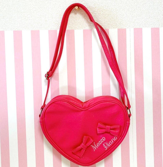 Mezzo Piano Shoulder Mini Bag Pochette Pink Ribbon Leather Heart Kids Girl Rare