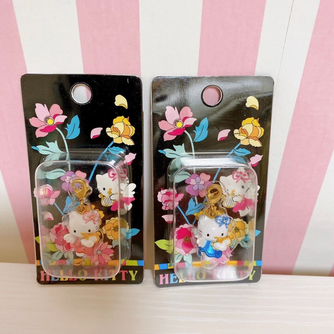 Sanrio Hello kitty Charm Straps 2 Piece Set Angel Vintage Pink Blue Rare Kawaii