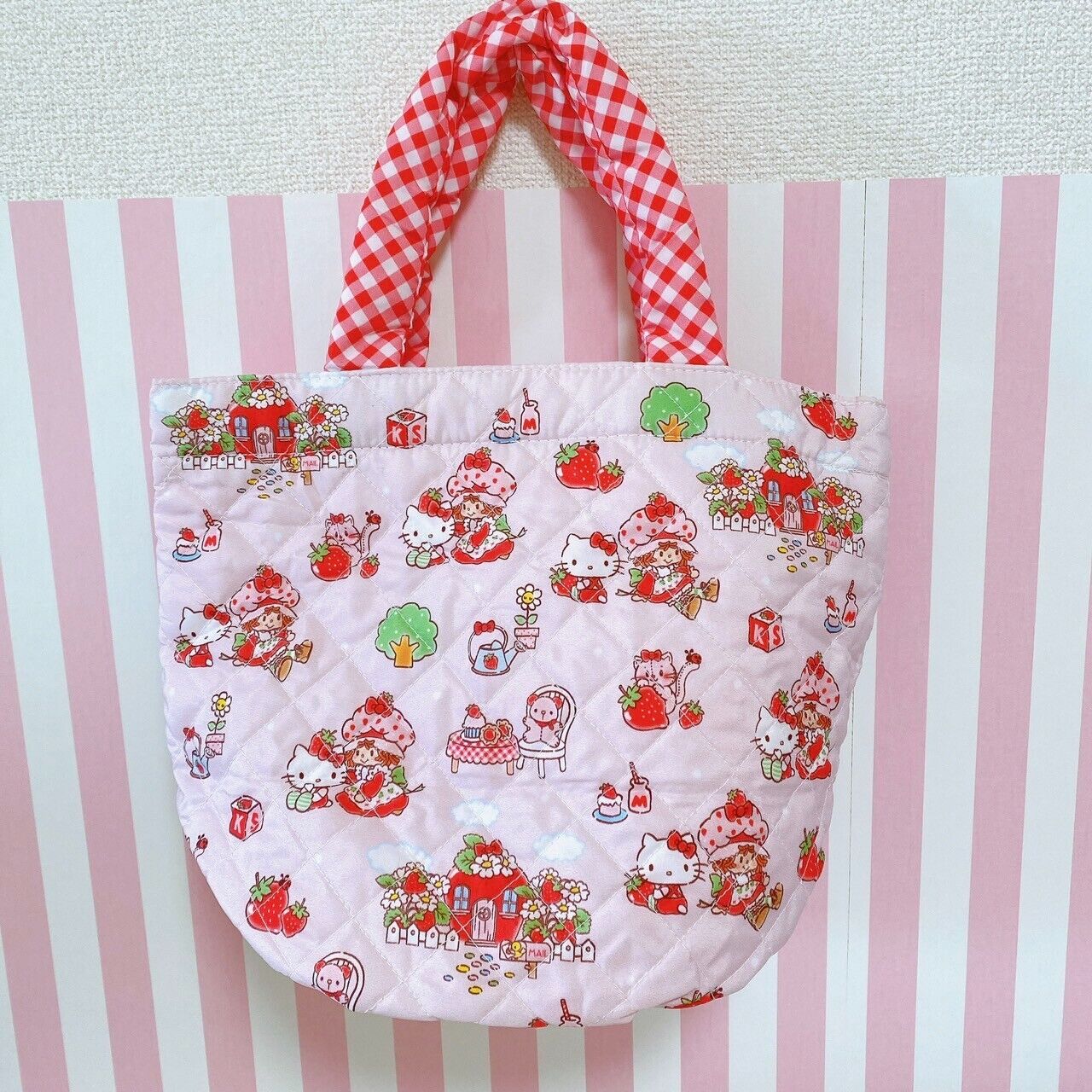 Sanrio Hello Kitty Strawberry Shortcake Tote Bag Red Plaid Pink Kawaii Character