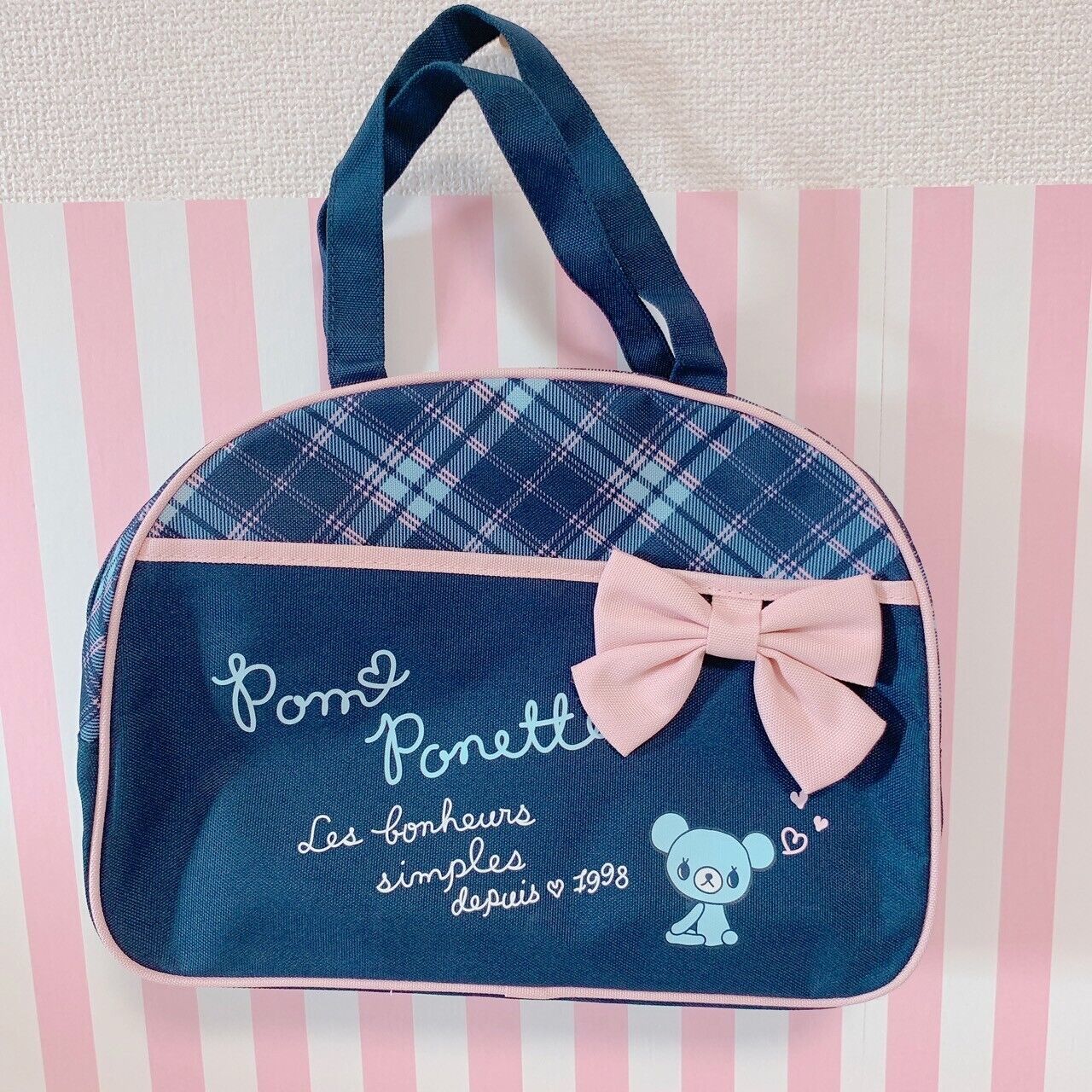 Mezzo Piano Boston School Bag Black Pink Ribbon Plaid Bear Kawaii Character Rare