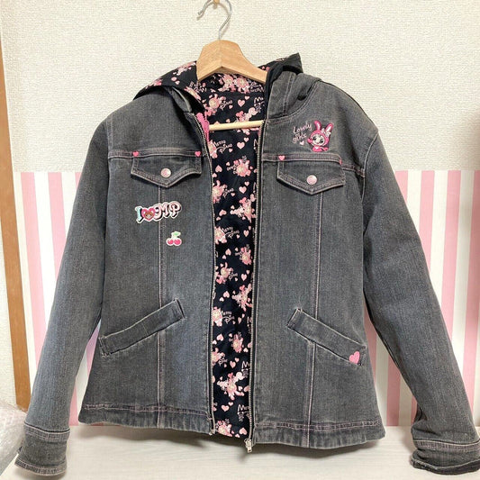 Mezzo Piano Denim Jacket Black Berriechan M size Pink Rabbit Heart Pocket Kawaii