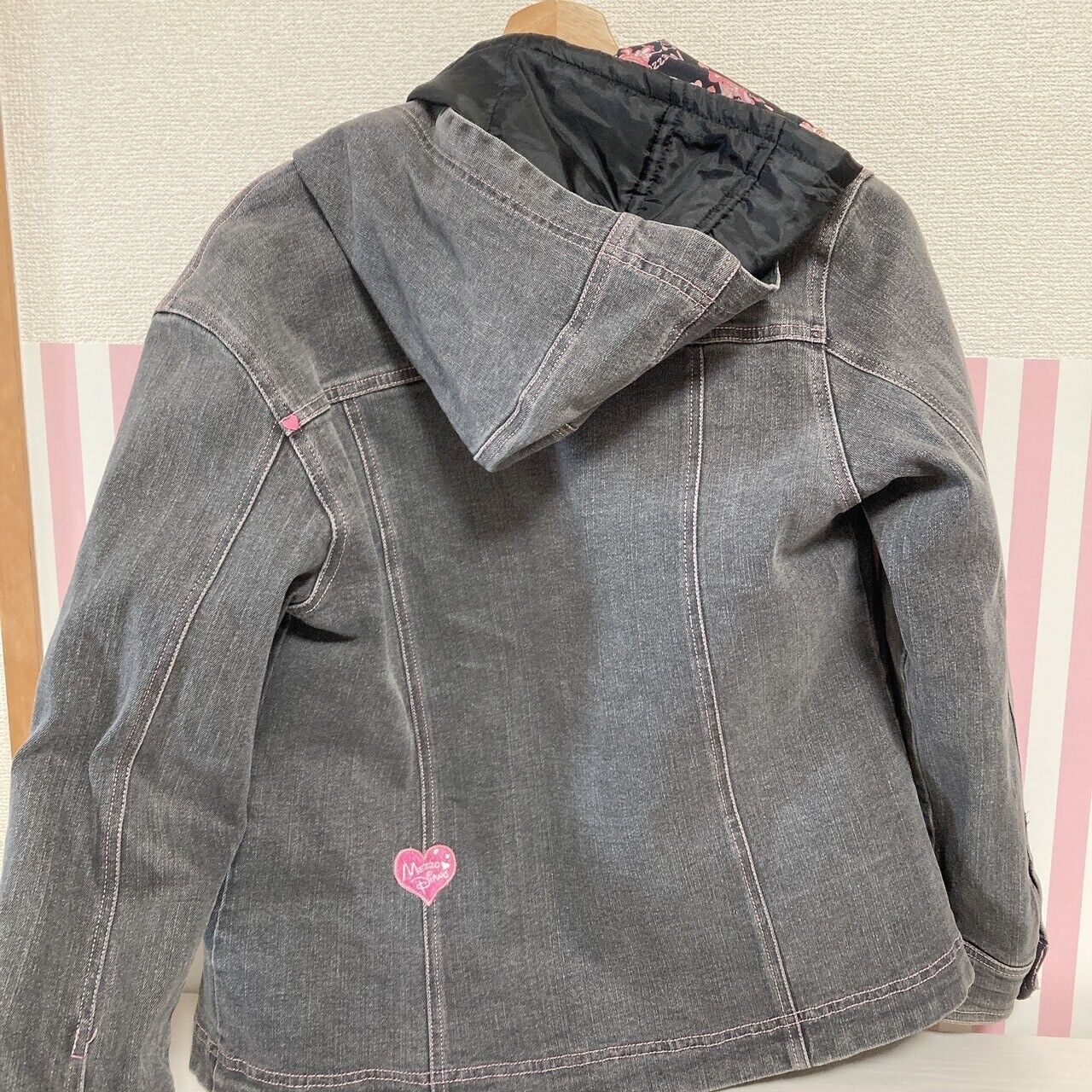 Mezzo Piano Denim Jacket Black Berriechan M size Pink Rabbit Heart Pocket Kawaii