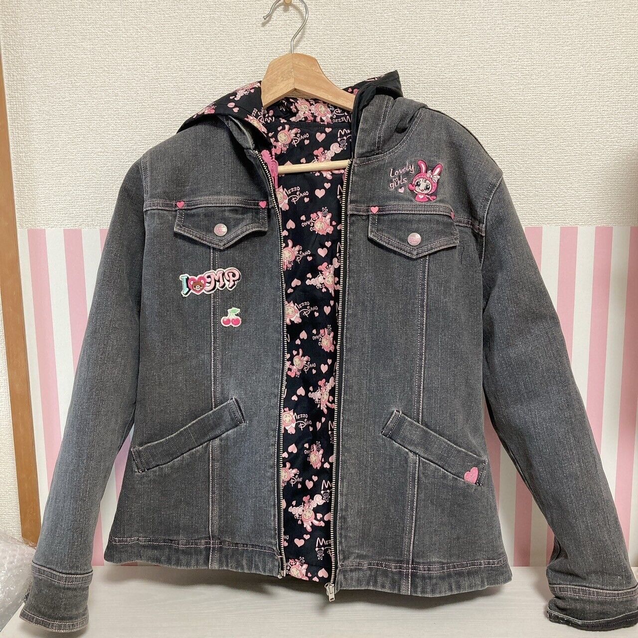 Mezzo Piano Denim Jacket Black Berriechan M size Pink Rabbit Heart Pocket Kawaii